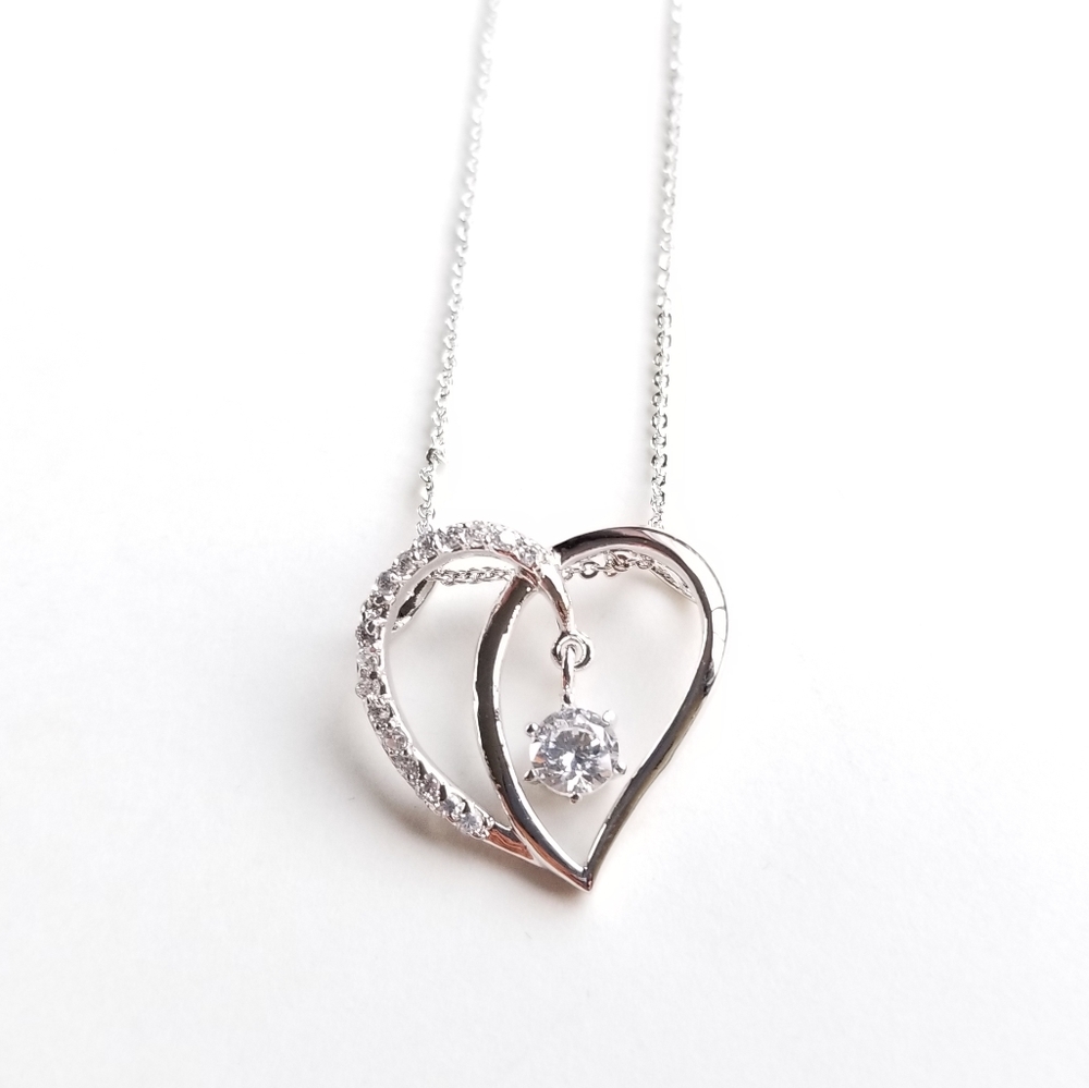 925 Sterling Silver CZ Polished Heart Necklace
